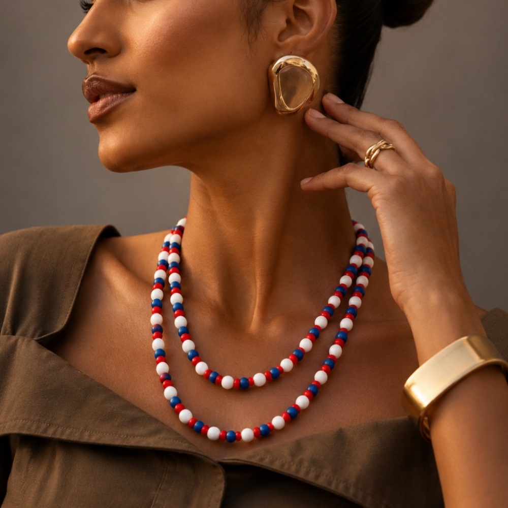 Red, White & Blue Beaded Long Necklace